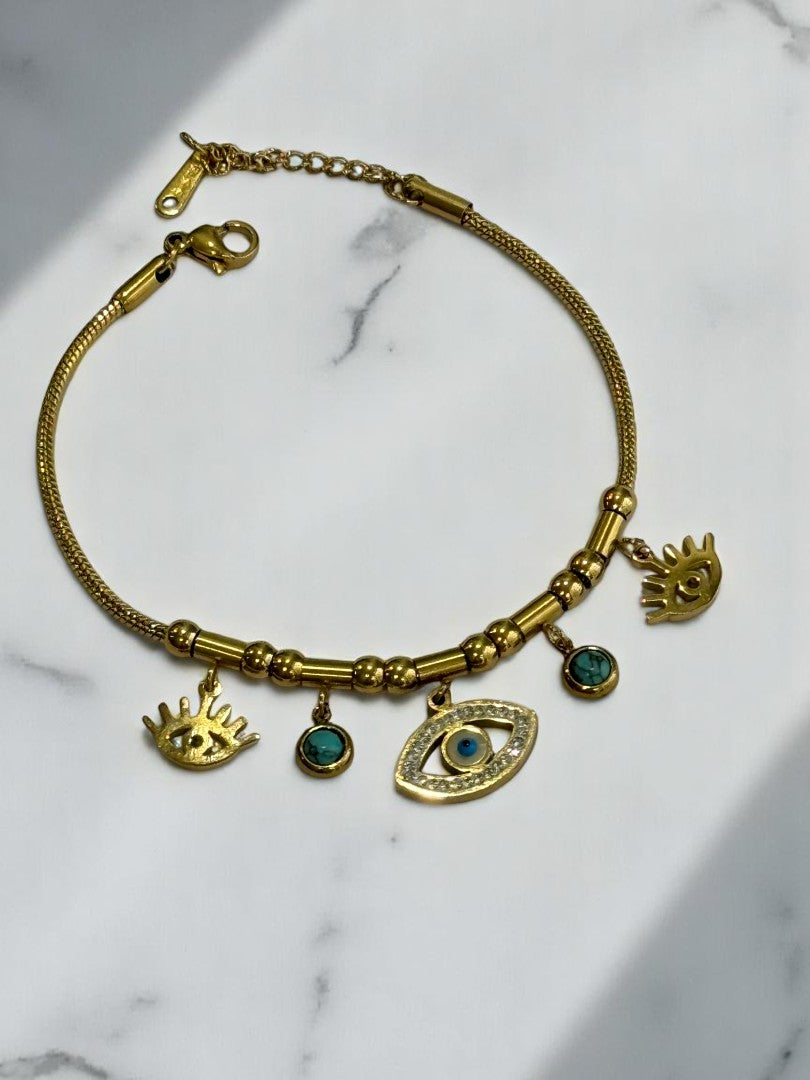GOLDEN CHAIN WITH HANGING EVIL EYE CHARMS