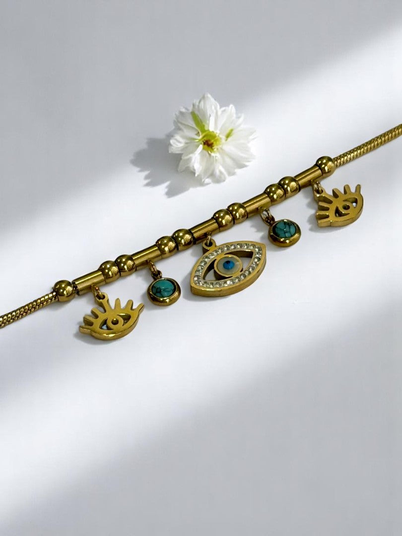 GOLDEN CHAIN WITH HANGING EVIL EYE CHARMS