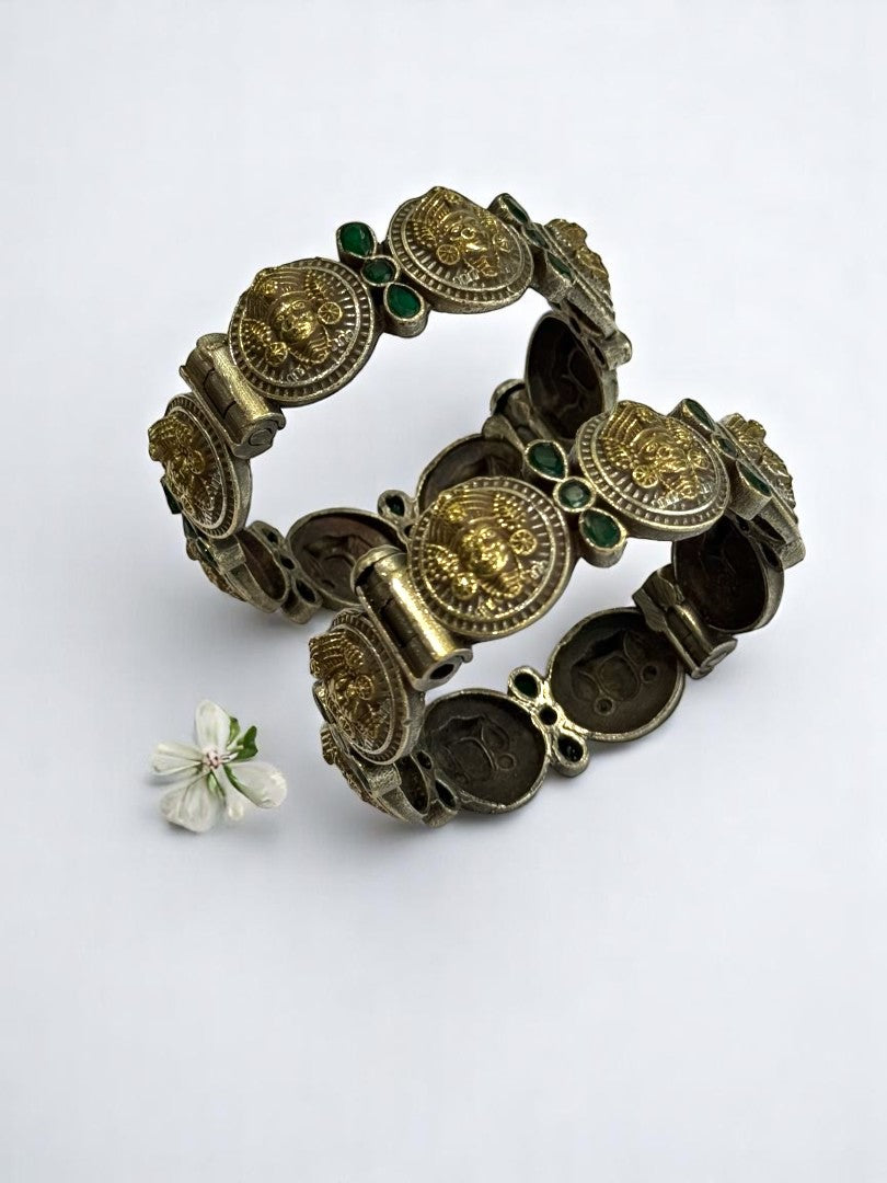 GERMAN SILVER GOLDEN BANGLE (KADA) TEMPLE DESIGN WITH GREEN STONE