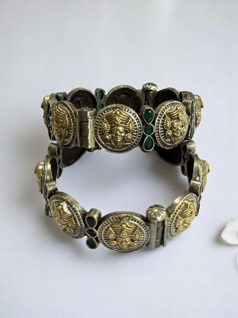 GERMAN SILVER GOLDEN BANGLE (KADA) TEMPLE DESIGN WITH GREEN STONE