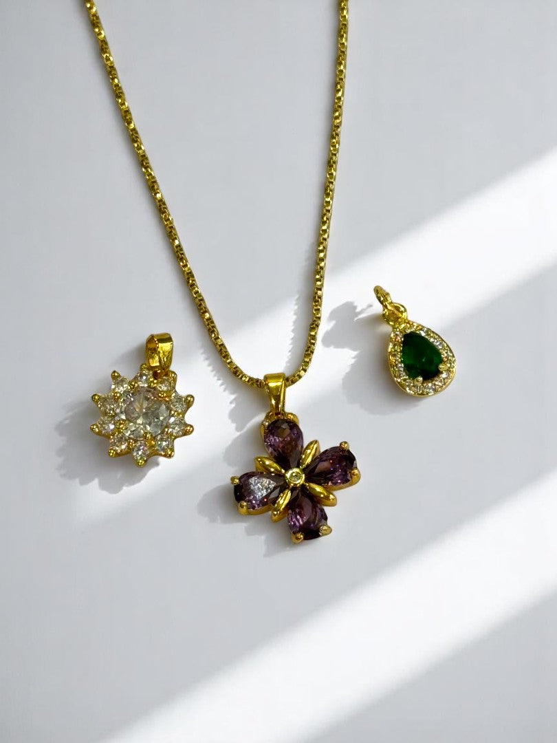GOLDEN CHAIN WITH THREE TYPE OF WHITE, PURPLE, GREEN DIAMOND PENDENT