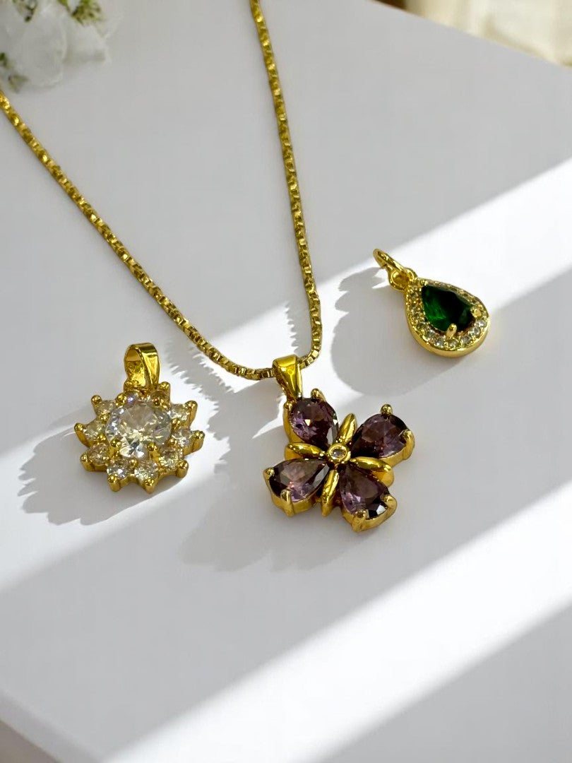 GOLDEN CHAIN WITH THREE TYPE OF WHITE, PURPLE, GREEN DIAMOND PENDENT