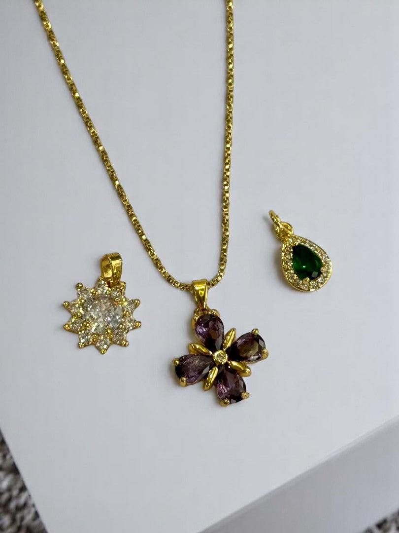 GOLDEN CHAIN WITH THREE TYPE OF WHITE, PURPLE, GREEN DIAMOND PENDENT