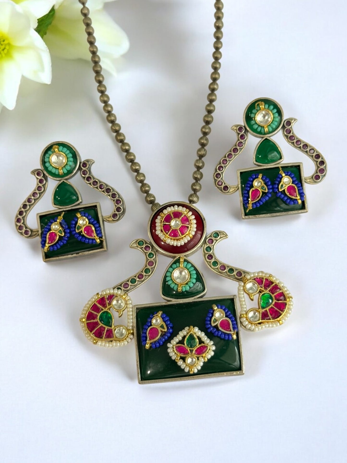 GREEN AKSHITA GERMAN SILVER JEWELLERY SET