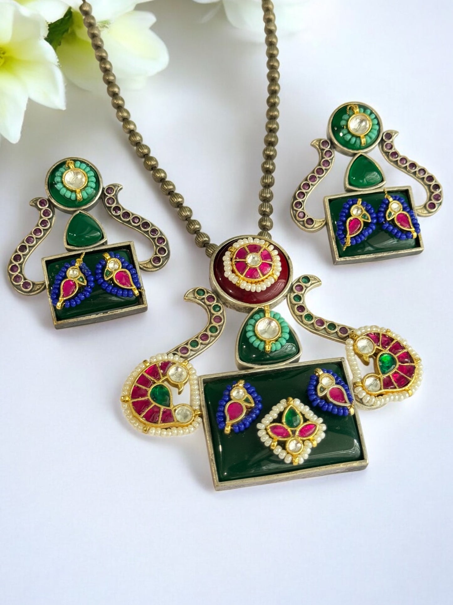 GREEN AKSHITA GERMAN SILVER JEWELLERY SET