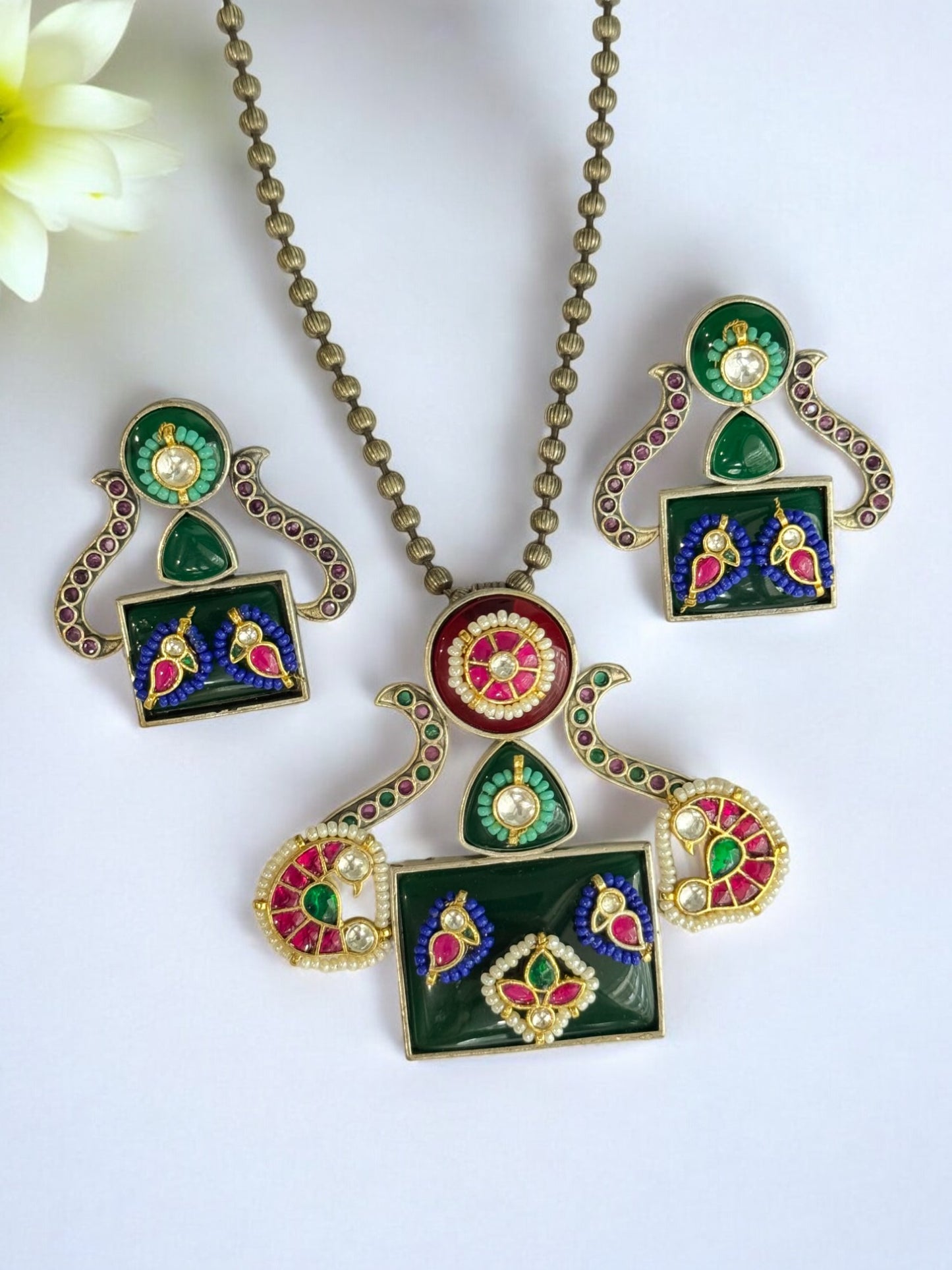 GREEN AKSHITA GERMAN SILVER JEWELLERY SET