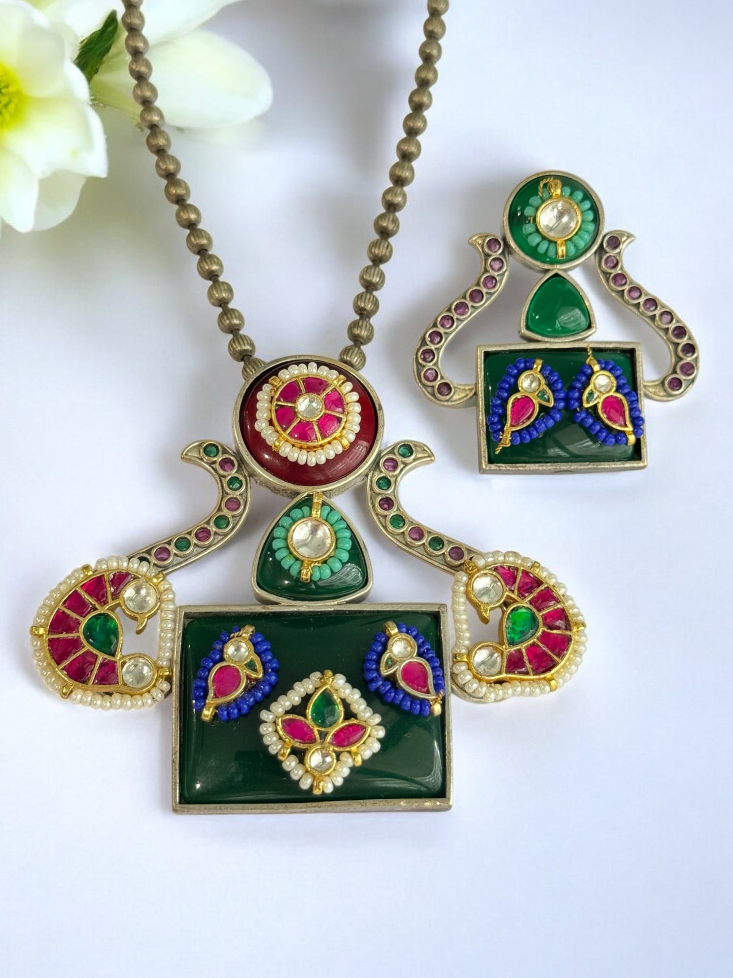 GREEN AKSHITA GERMAN SILVER JEWELLERY SET