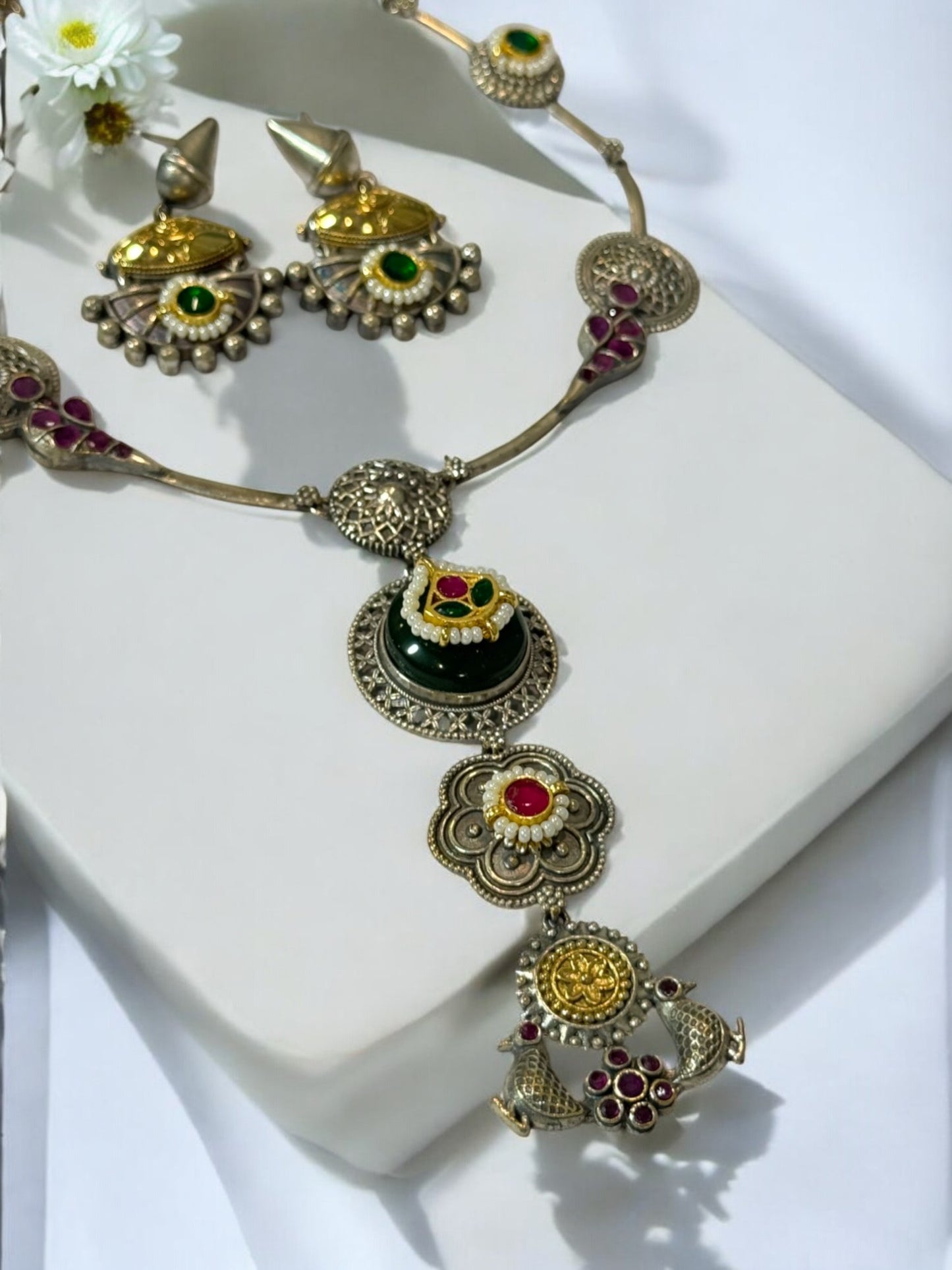 GREEN BHAKTI GERMAN SILVER JEWELLERY SET