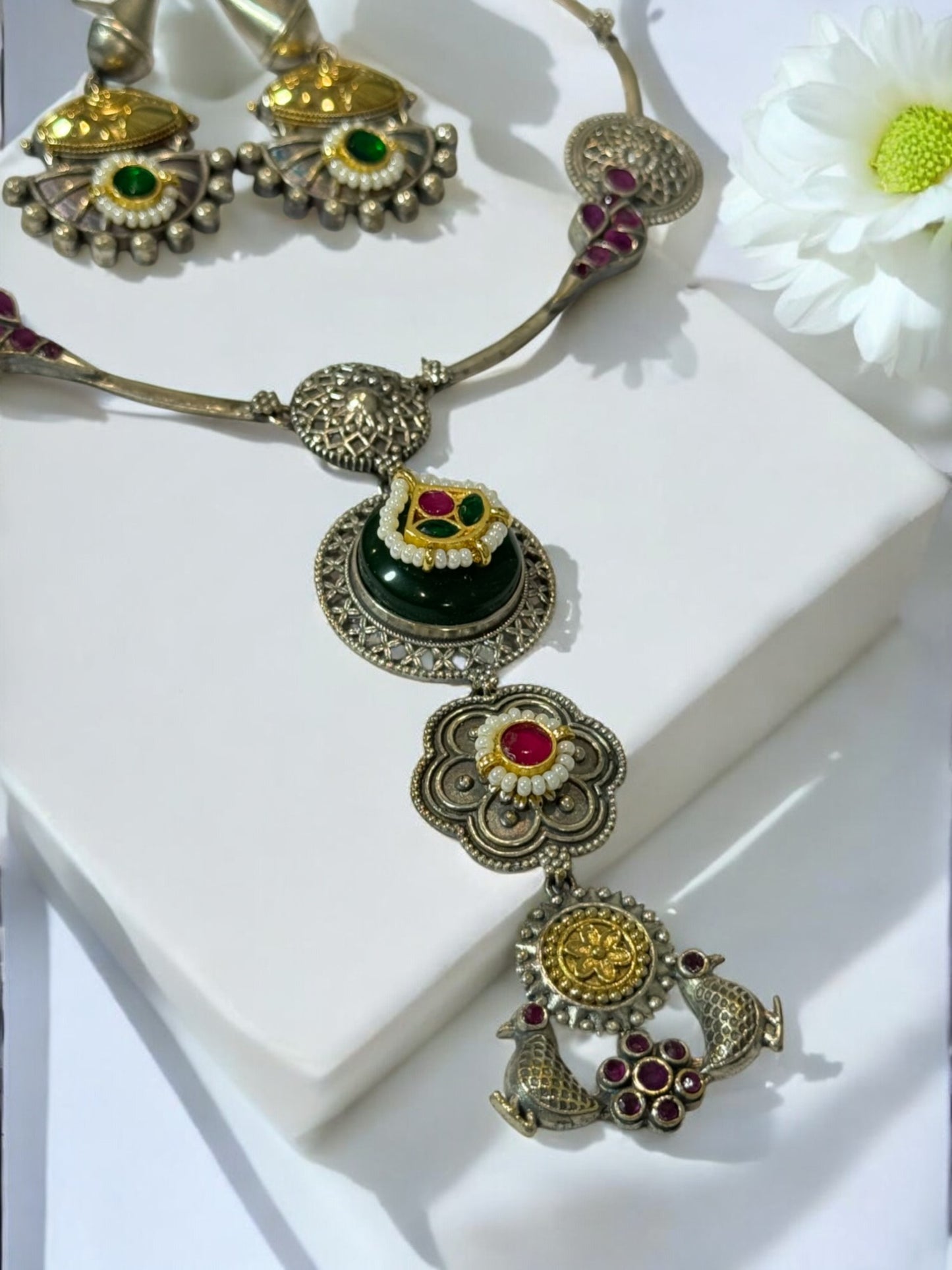 GREEN BHAKTI GERMAN SILVER JEWELLERY SET