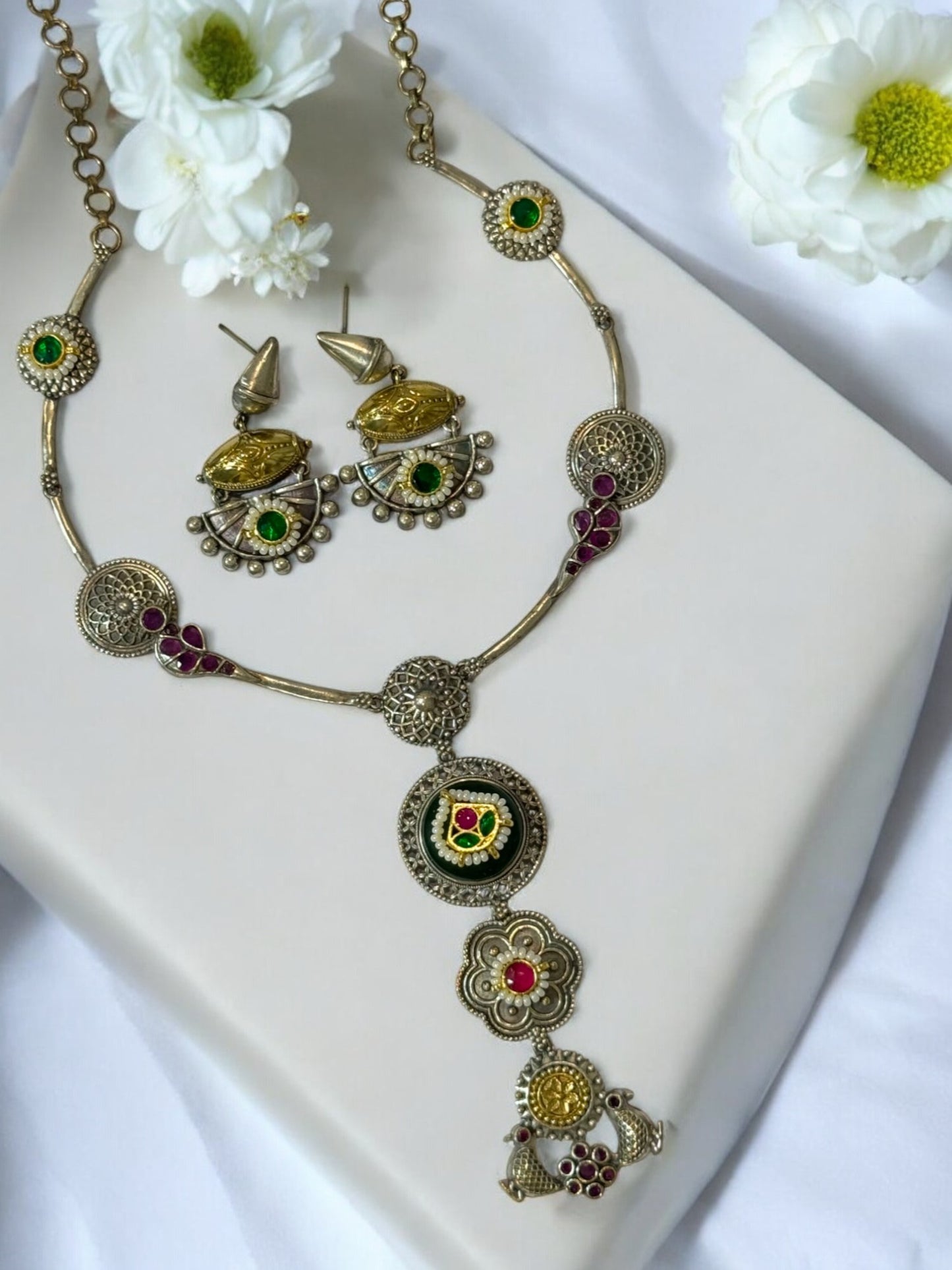 GREEN BHAKTI GERMAN SILVER JEWELLERY SET