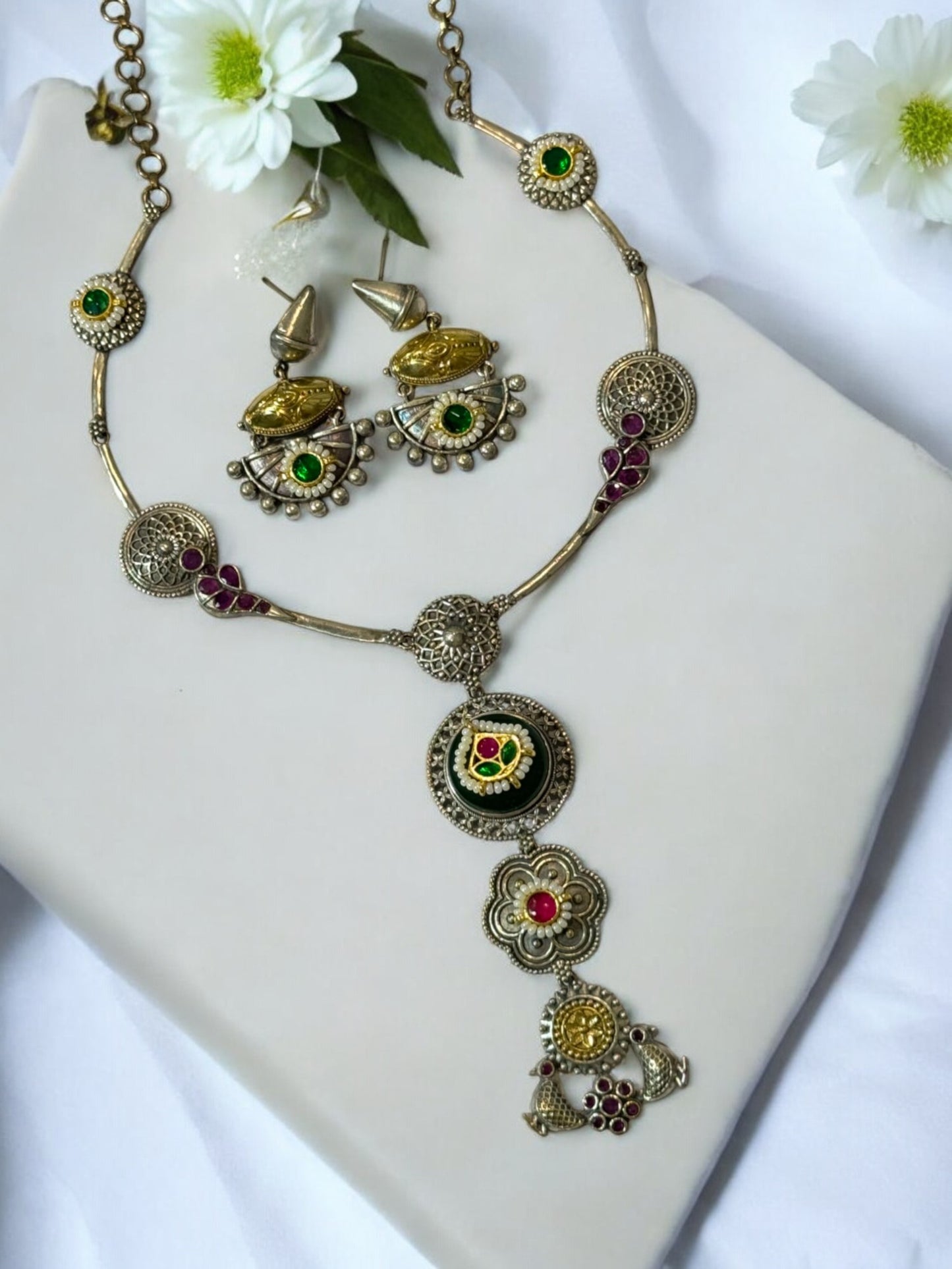 GREEN BHAKTI GERMAN SILVER JEWELLERY SET