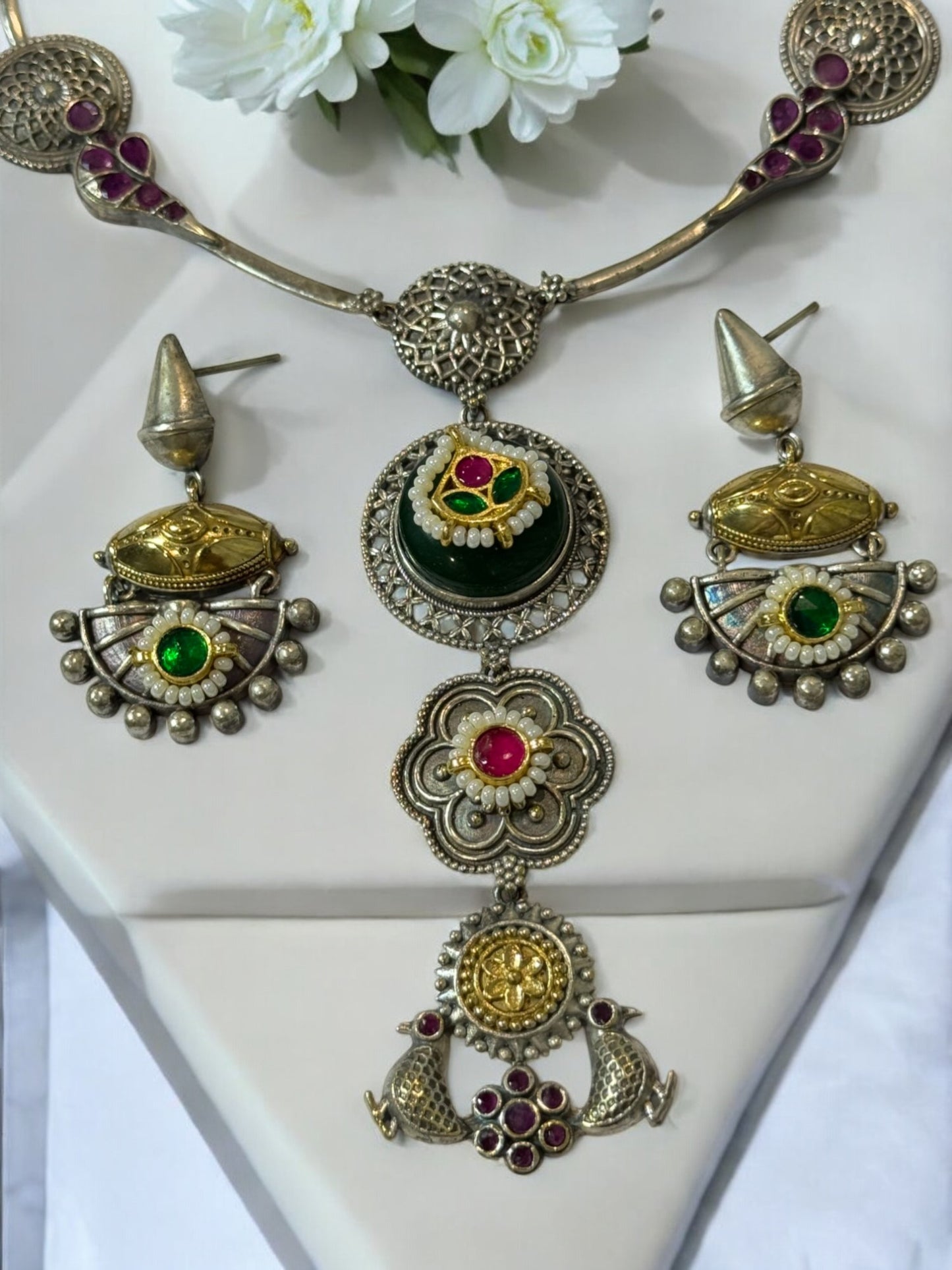GREEN BHAKTI GERMAN SILVER JEWELLERY SET