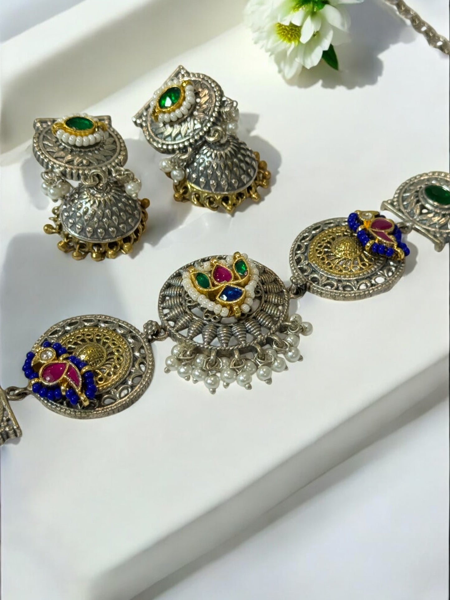 GREEN CHHAVIE GERMAN SILVER JEWELLERY SET