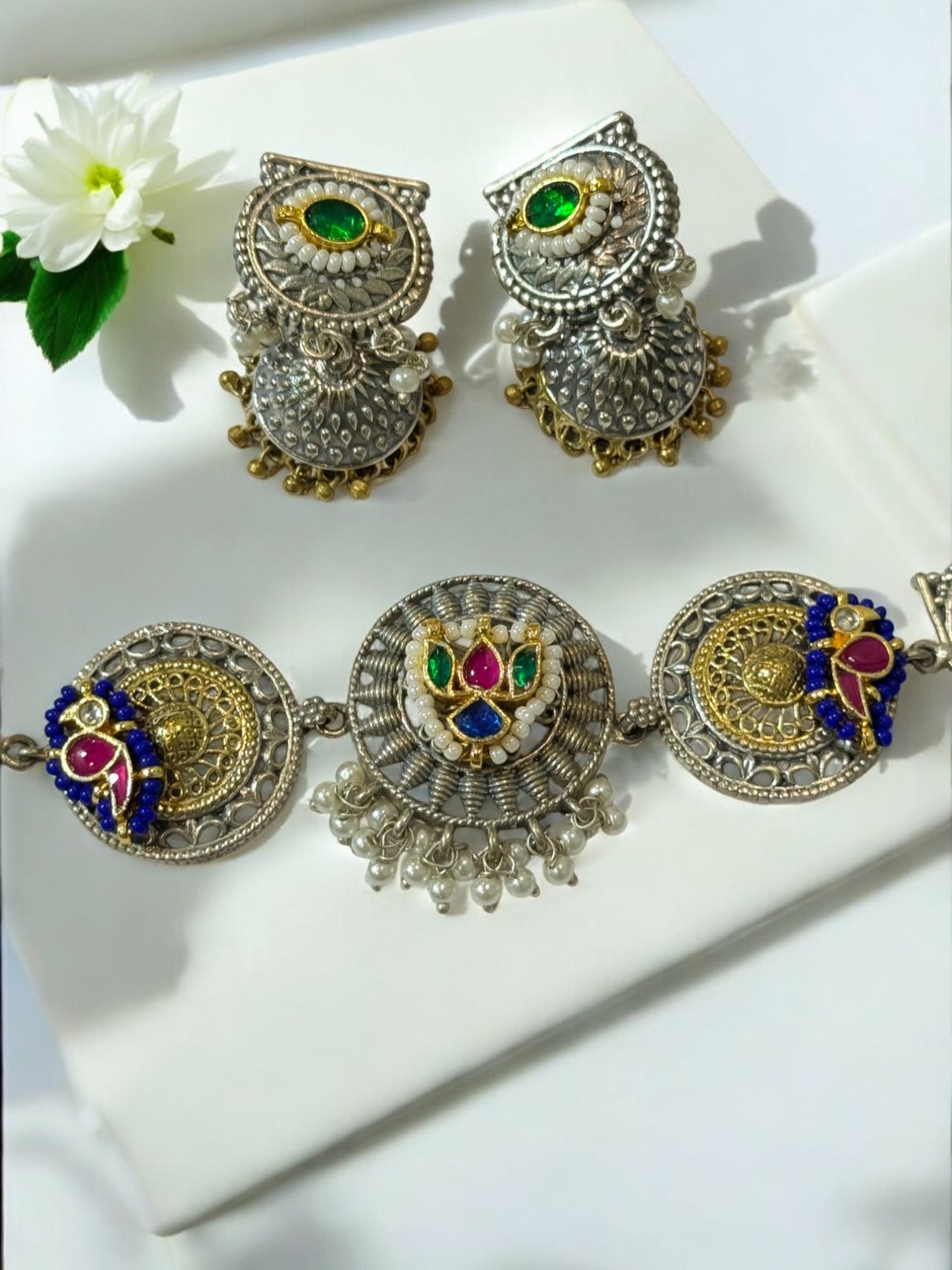 GREEN CHHAVIE GERMAN SILVER JEWELLERY SET