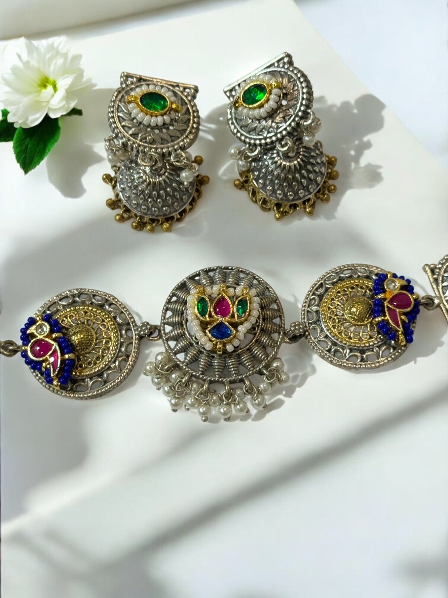 GREEN CHHAVIE GERMAN SILVER JEWELLERY SET