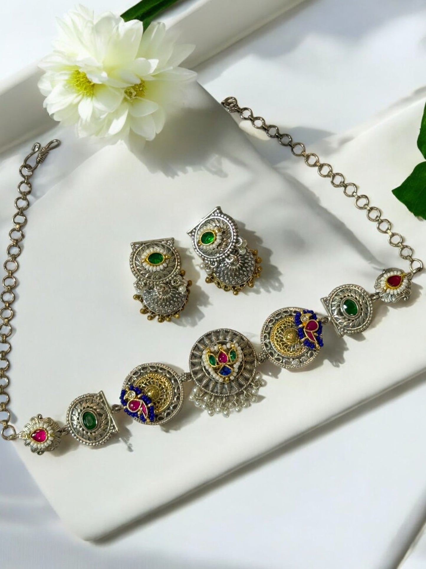 GREEN CHHAVIE GERMAN SILVER JEWELLERY SET