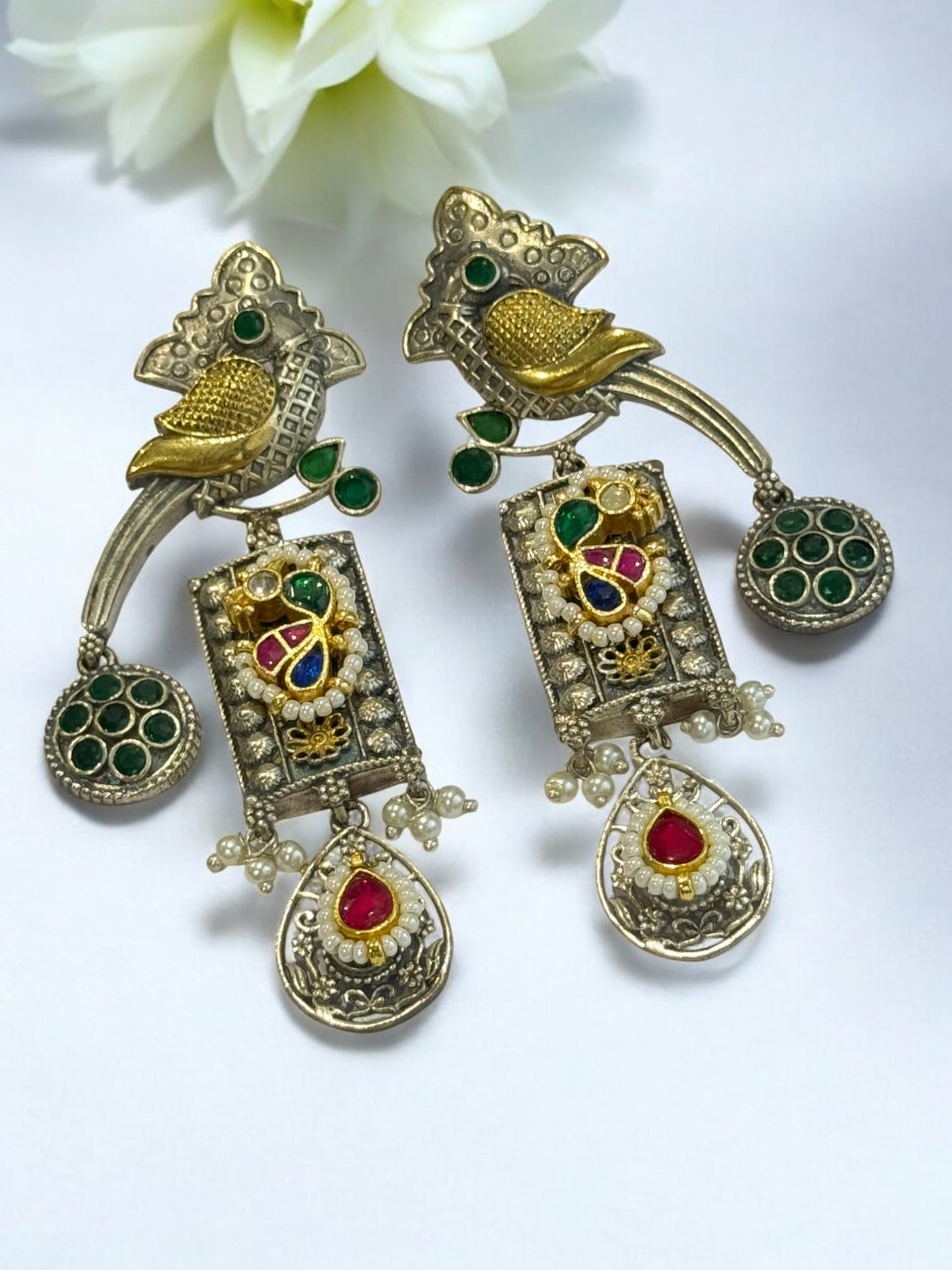 GREEN HRIDA GERMAN SILVER EARRINGS