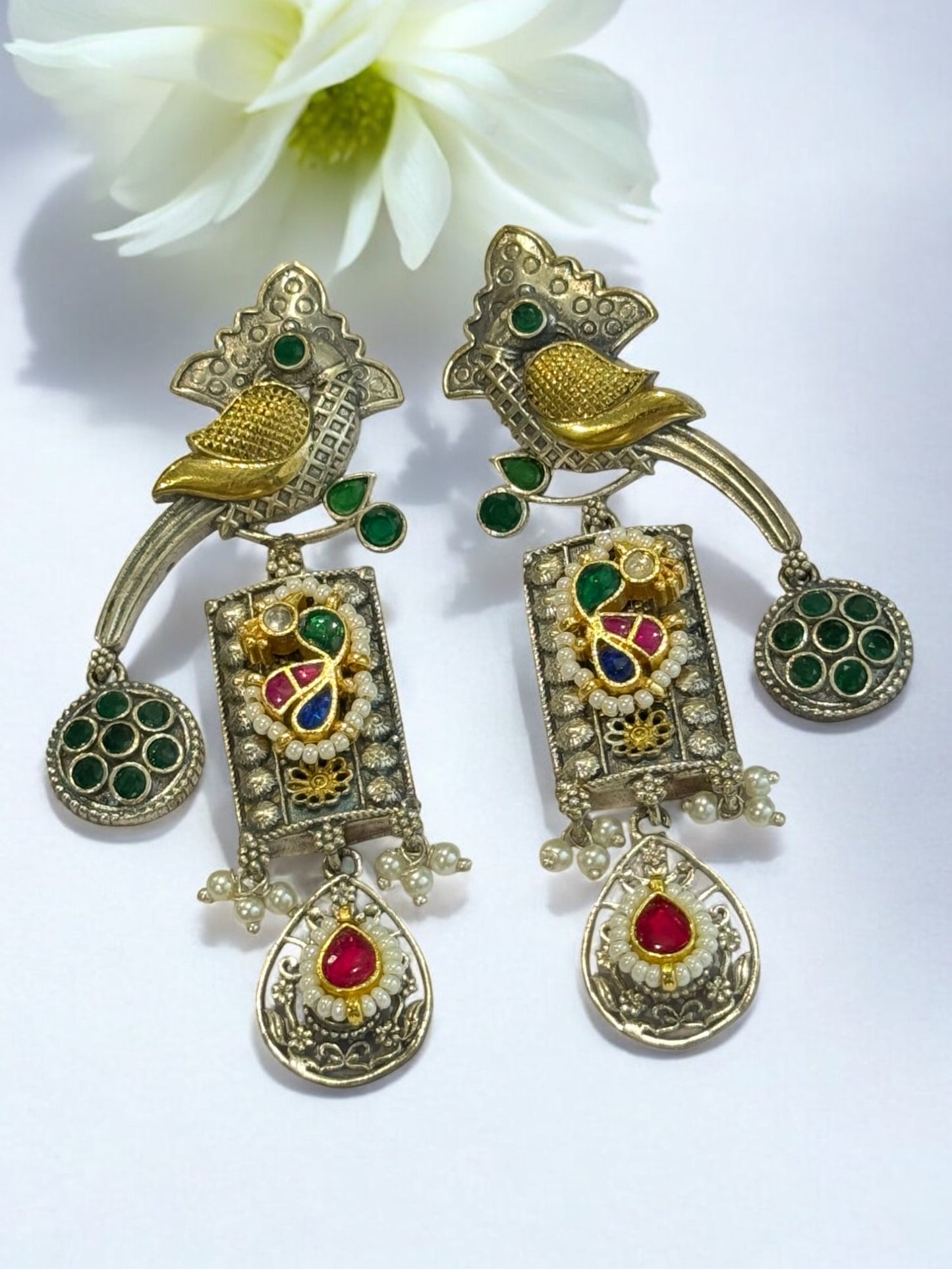 GREEN HRIDA GERMAN SILVER EARRINGS
