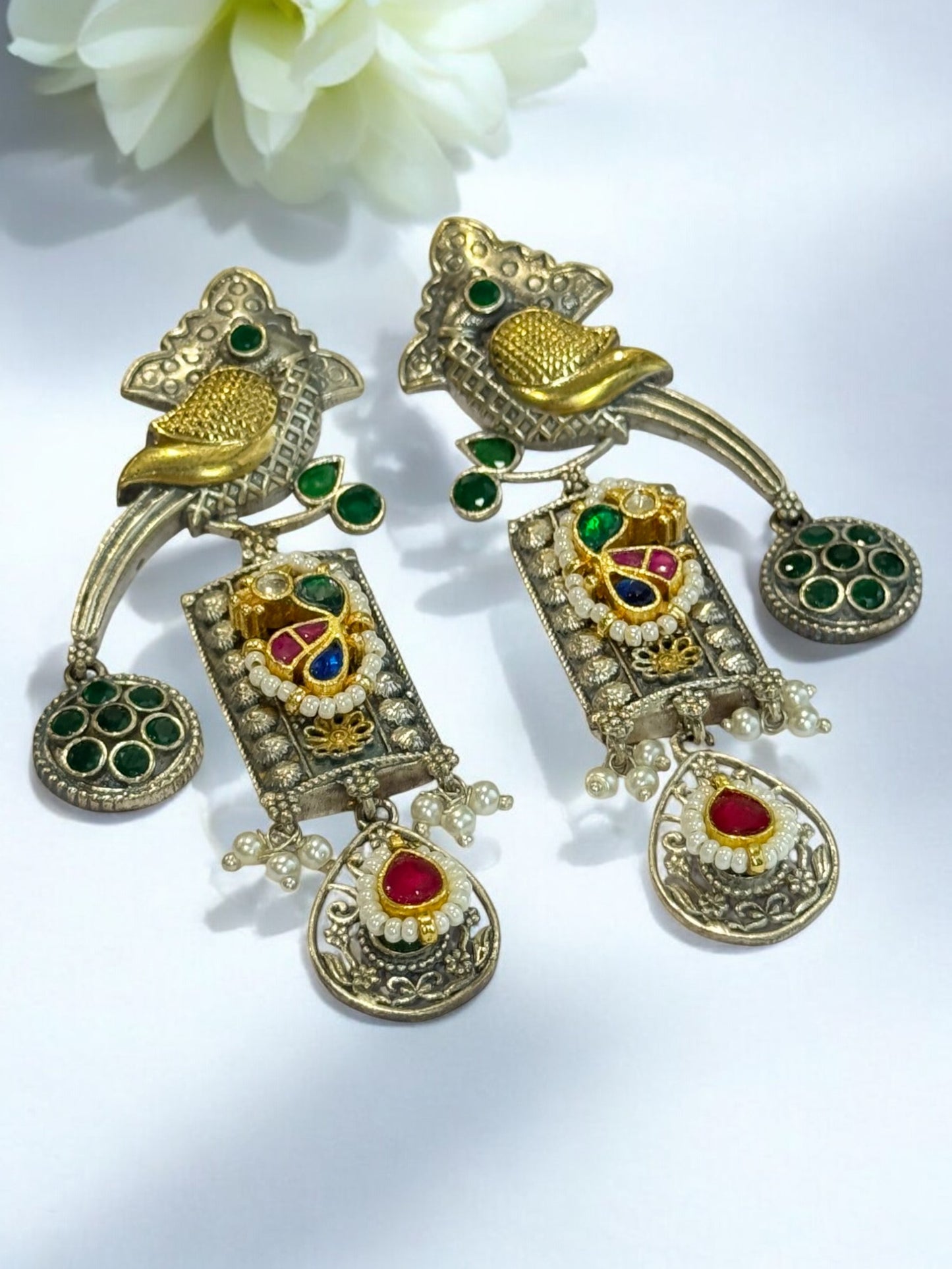 GREEN HRIDA GERMAN SILVER EARRINGS