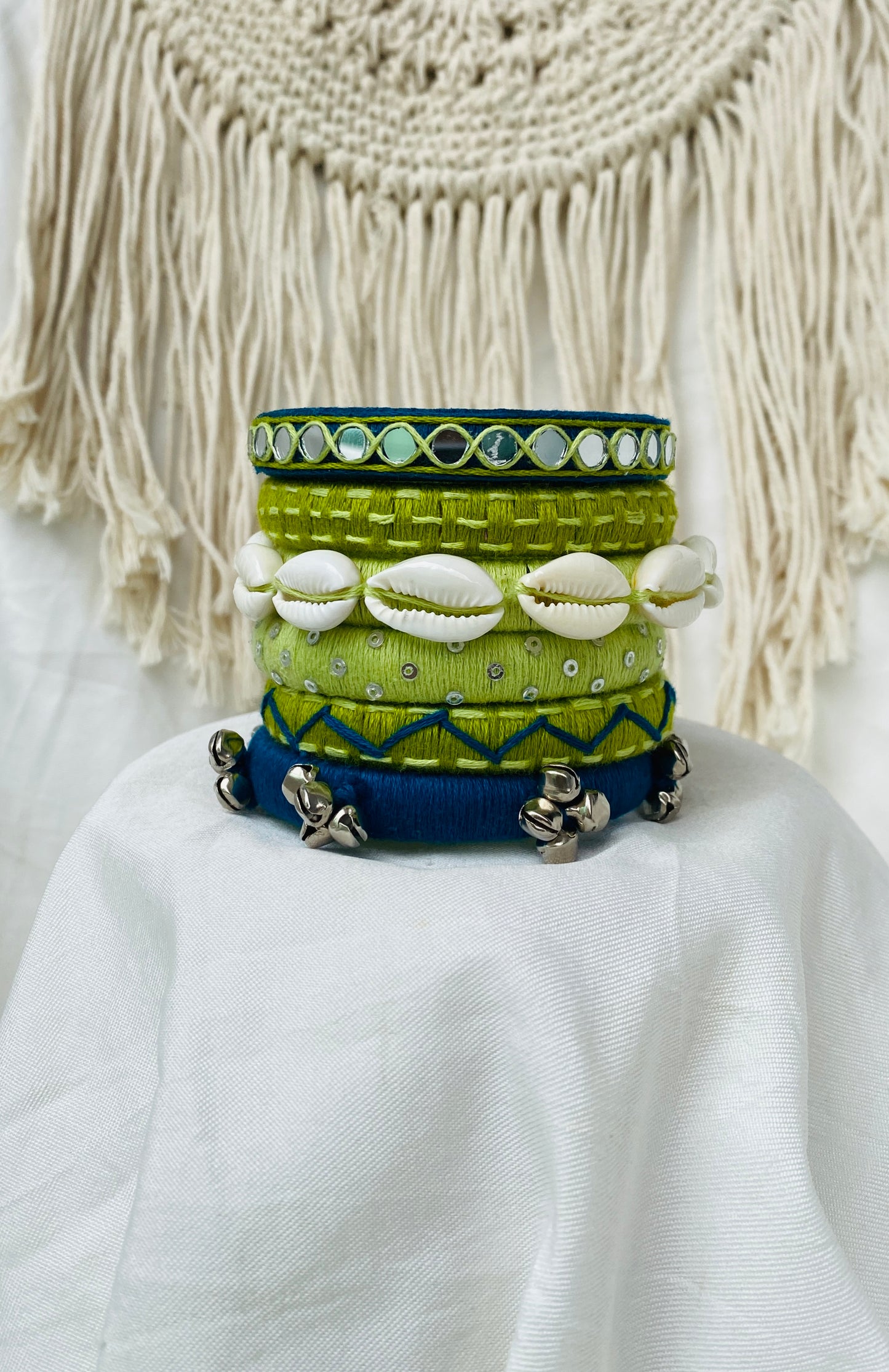 GREEN KODI AND MIRROR VEDA HANDMADE BANGLES