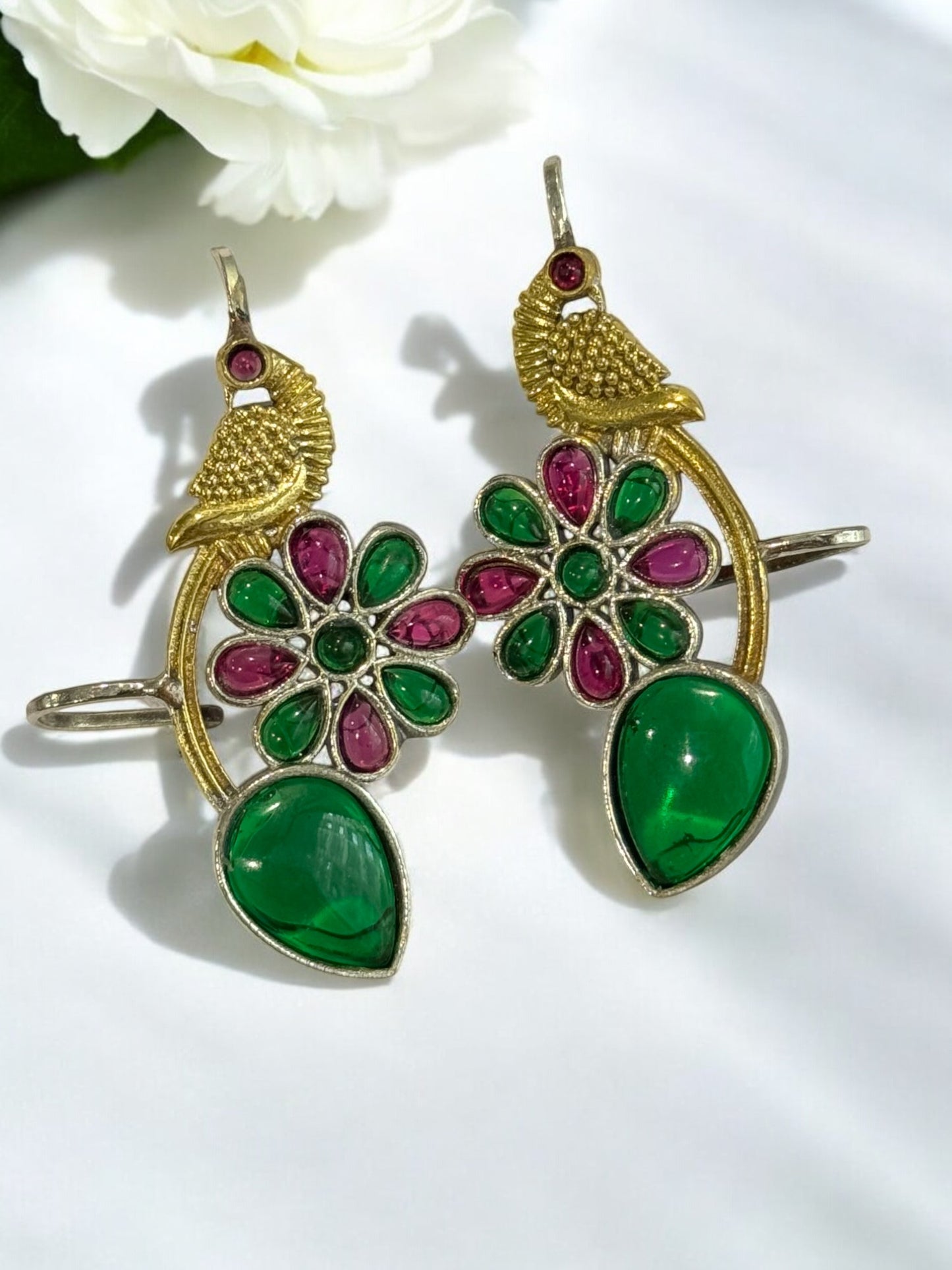 GREEN PINK JIYANSHA GERMAN SILVER EAR CUFF