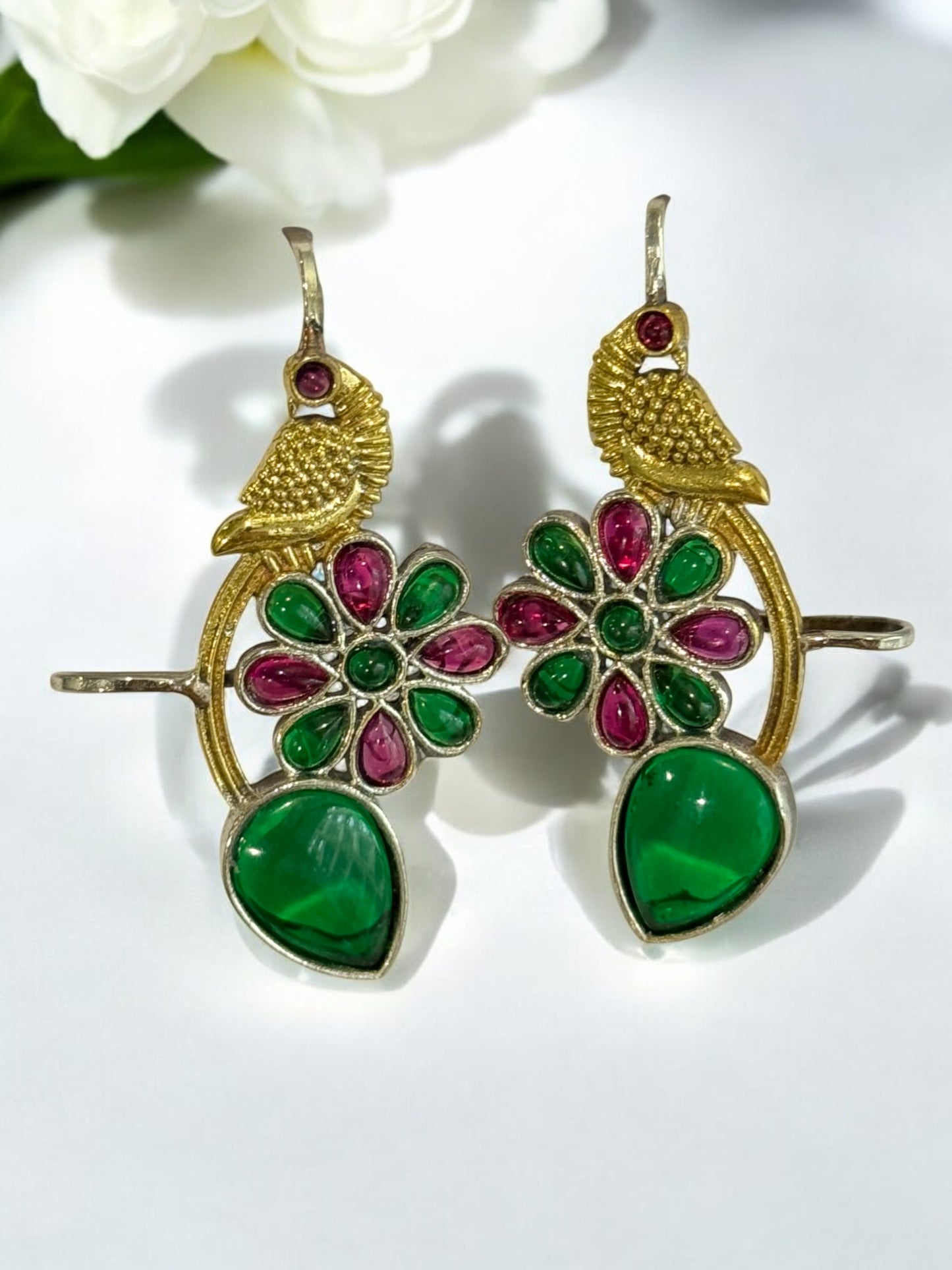 GREEN PINK JIYANSHA GERMAN SILVER EAR CUFF