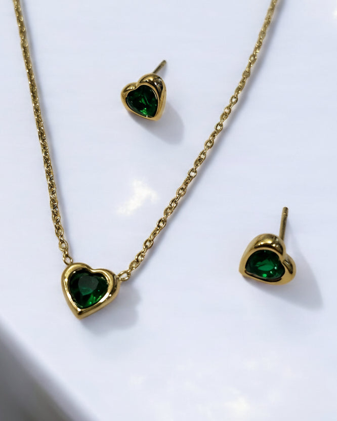 GOLDEN CHAIN, GREEN PENDENT, EARRING