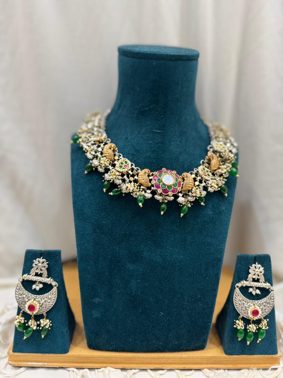 GREEN PANKHURI GERMAN SILVER JEWELLERY SET