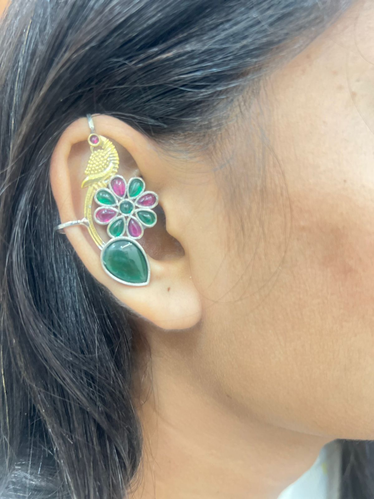 GREEN PINK JIYANSHA GERMAN SILVER EAR CUFF