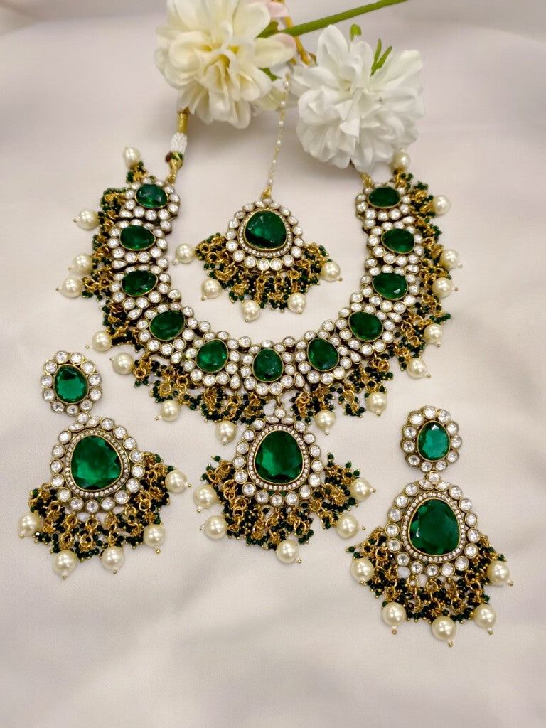 GREEN STONE WITH DIAMOND, HANGING BEADS, MATCHING DANGLING EARRING AND MANG TIKA