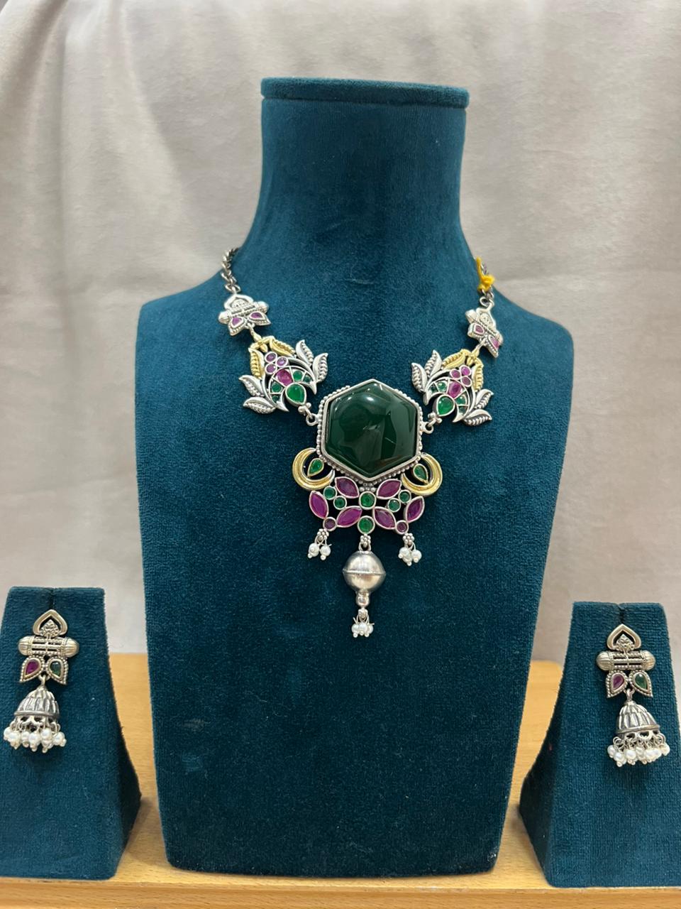 GREEN REKHA GERMAN SILVER JEWELLERY SET