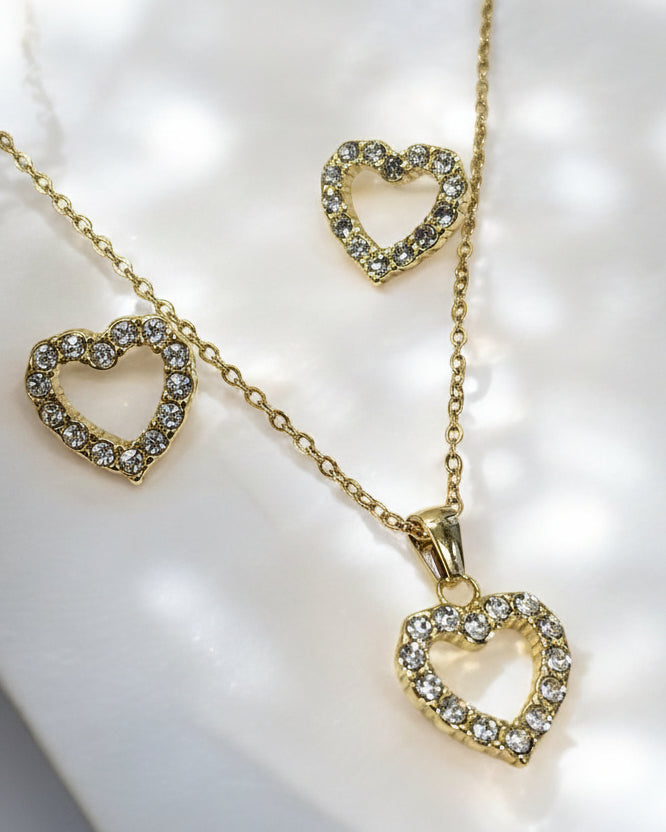 GOLDEN DIAMOND HEART PENDENT, EARRING AND CHIAN