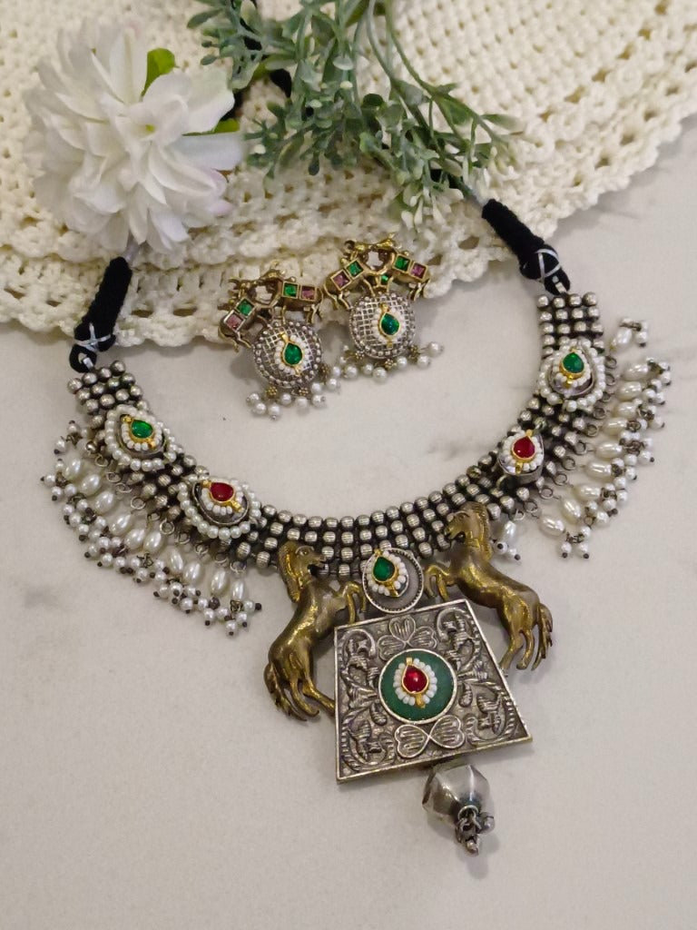 GREEN SANGINI GERMAN SILVER JEWELLERY SET