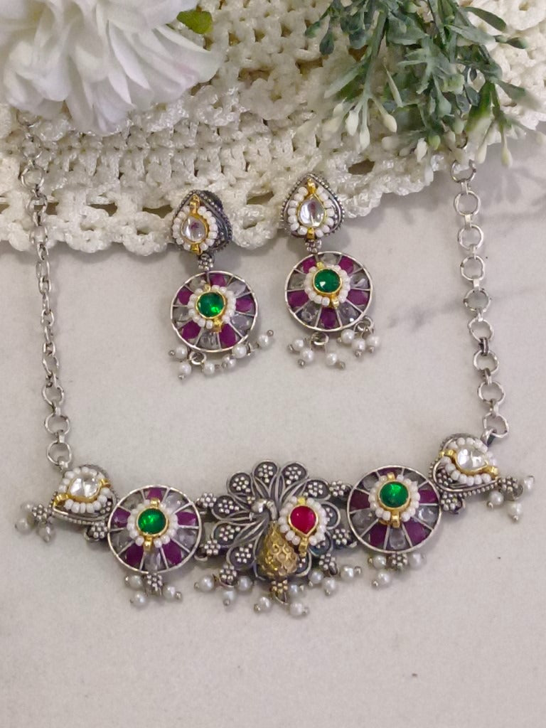 GREEN TANUSHREE GERMAN SILVER JEWELLERY SET
