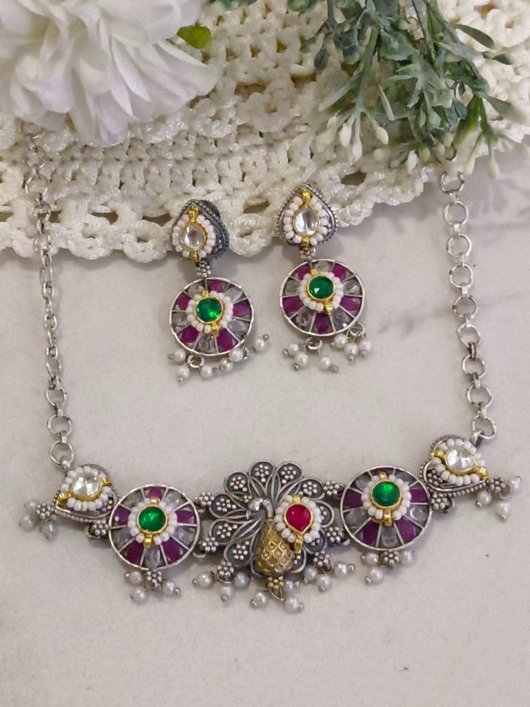 GREEN TANUSHREE GERMAN SILVER JEWELLERY SET