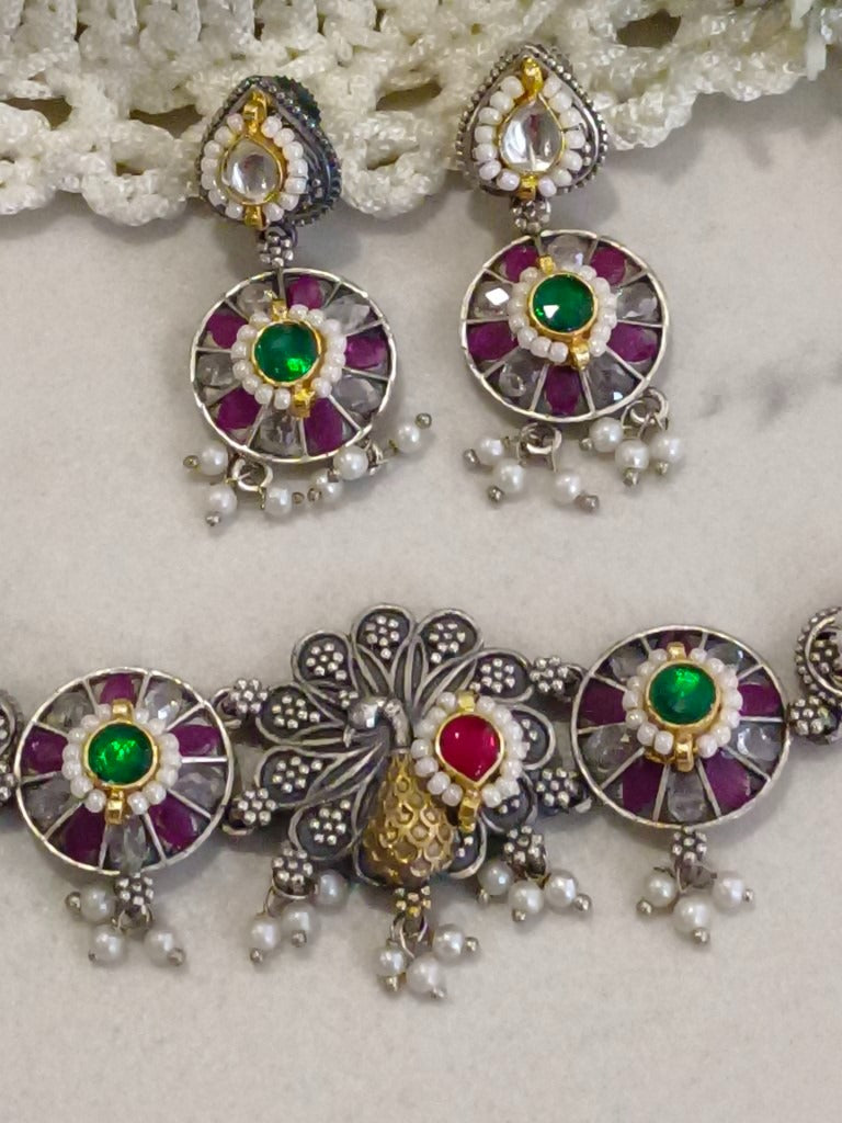 GREEN TANUSHREE GERMAN SILVER JEWELLERY SET