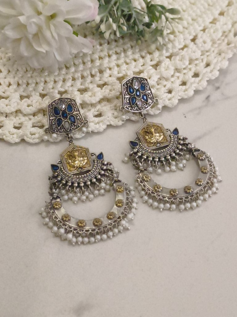 BLUE & WHITE KESHVI GERMAN SILVER EARRINGS