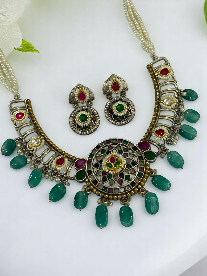 GREEN SANIDHYA GERMAN SILVER JEWELLERY SET