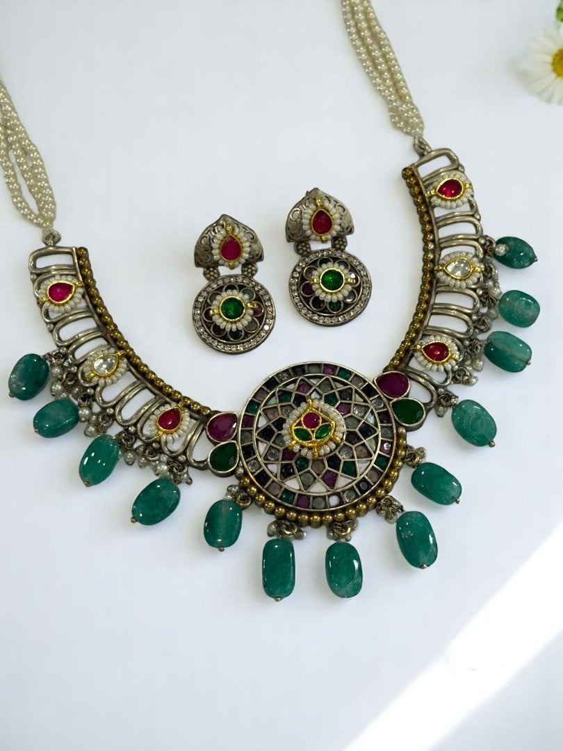 GREEN SANIDHYA GERMAN SILVER JEWELLERY SET