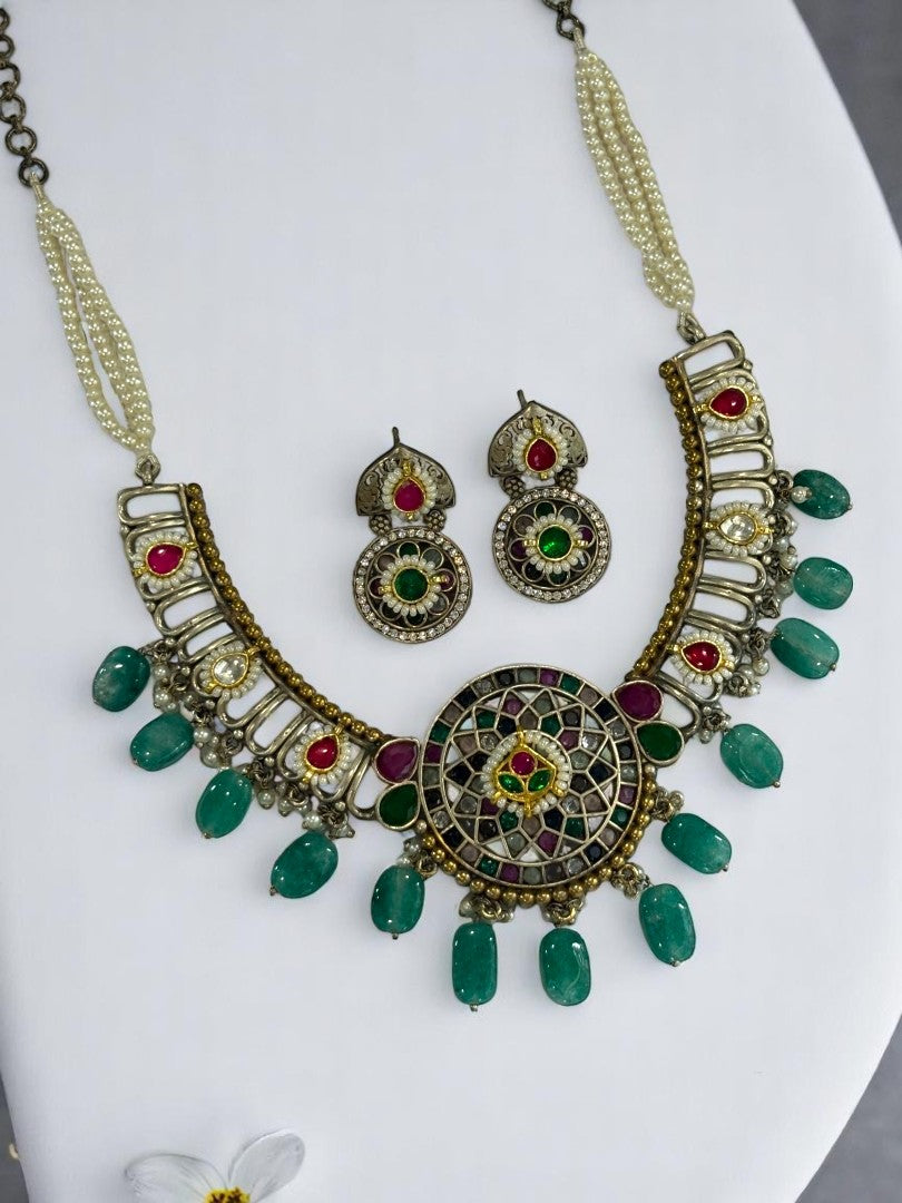 GREEN SANIDHYA GERMAN SILVER JEWELLERY SET