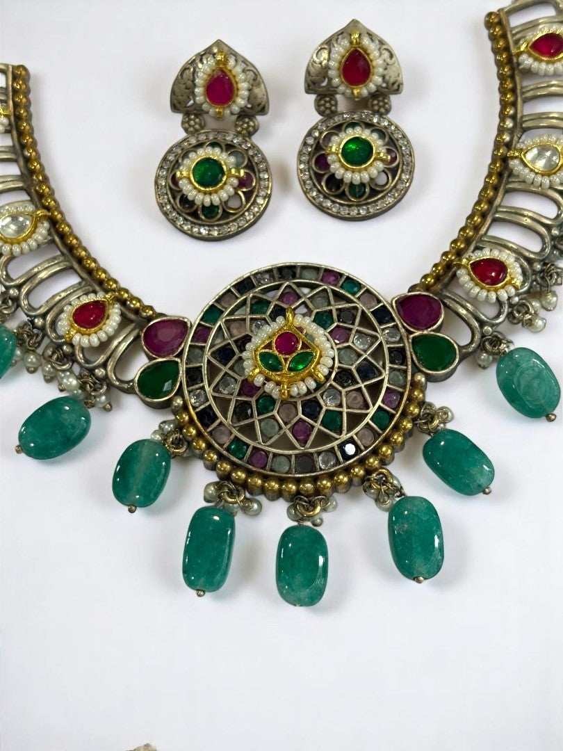 GREEN SANIDHYA GERMAN SILVER JEWELLERY SET