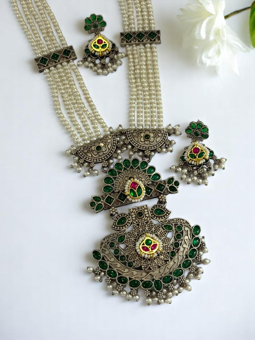 GREEN EMALINE GERMAN SILVER JEWELLERY SET