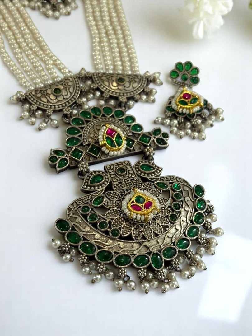 GREEN EMALINE GERMAN SILVER JEWELLERY SET