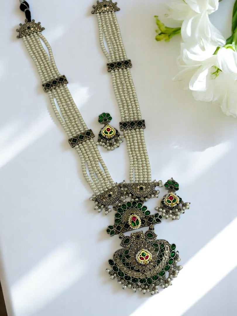 GREEN EMALINE GERMAN SILVER JEWELLERY SET