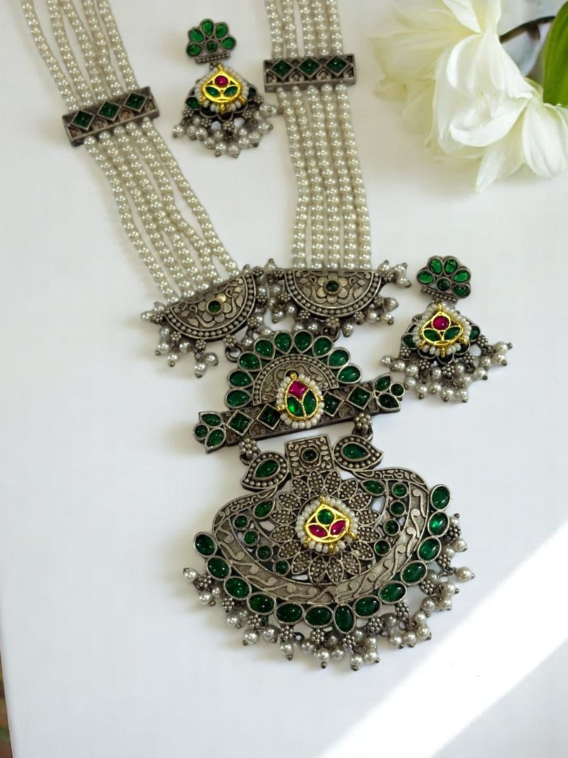 GREEN EMALINE GERMAN SILVER JEWELLERY SET