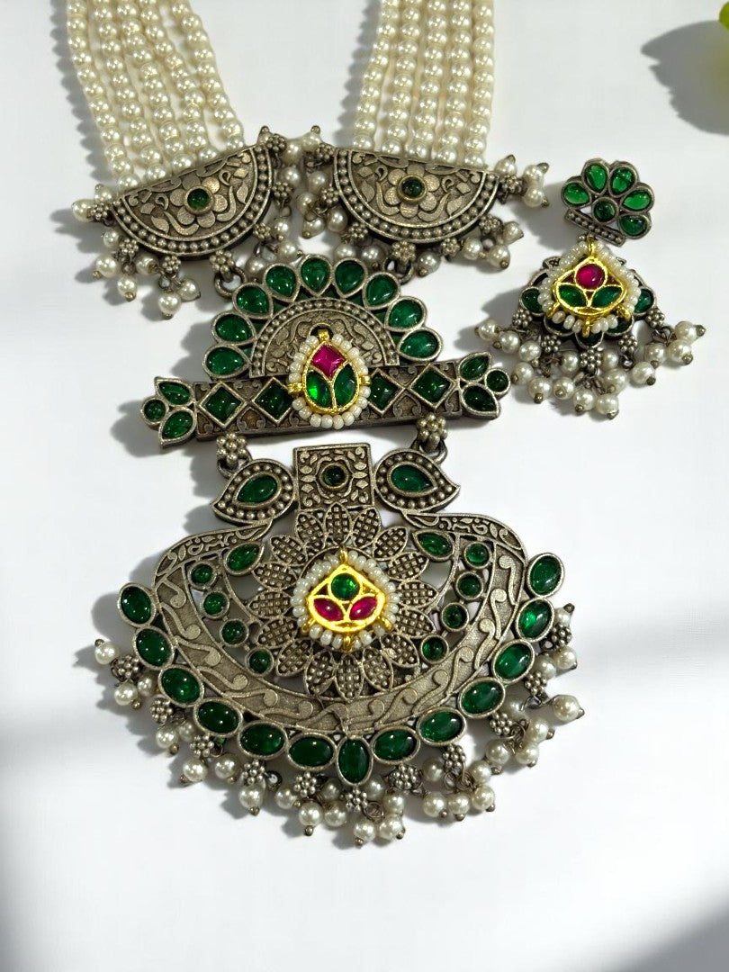 GREEN EMALINE GERMAN SILVER JEWELLERY SET