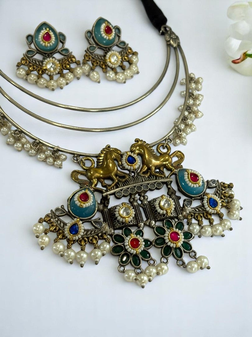 SKY BLUE HASLI BABITHRA GERMAN SILVER JEWELLERY SET
