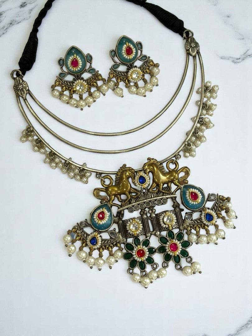 SKY BLUE HASLI BABITHRA GERMAN SILVER JEWELLERY SET
