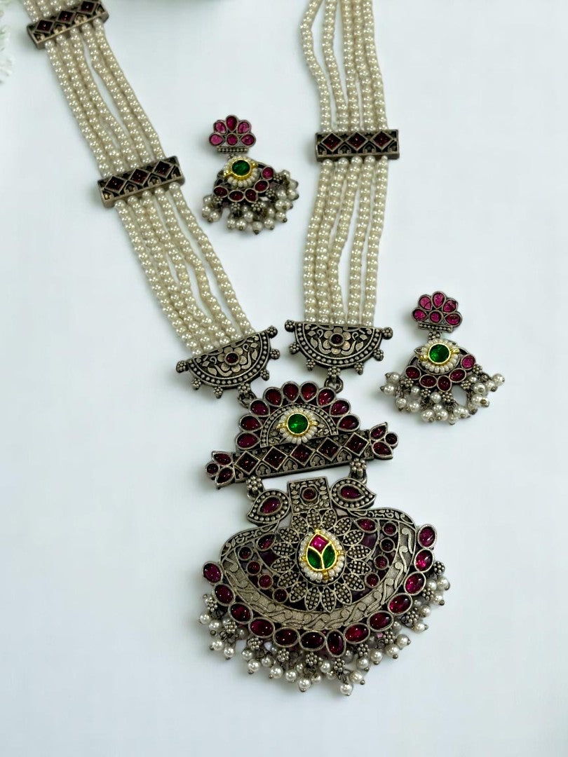 PINK EMALINE GERMAN SILVER JEWELLERY SET