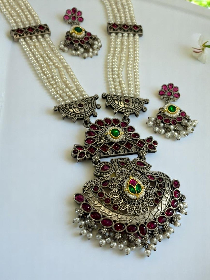 PINK EMALINE GERMAN SILVER JEWELLERY SET